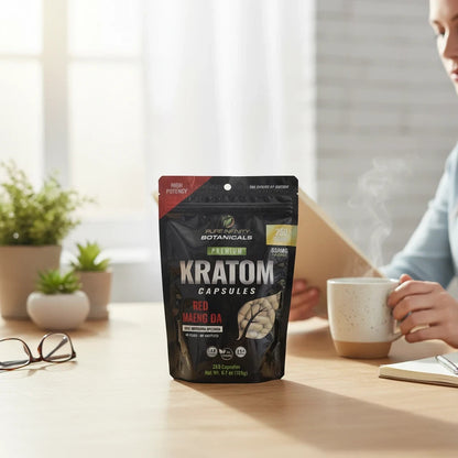 shopnathans.com Pure Infinity Botanicals Red Maeng Da Kratom capsules in a 250ct bag on a desk with a steaming mug
