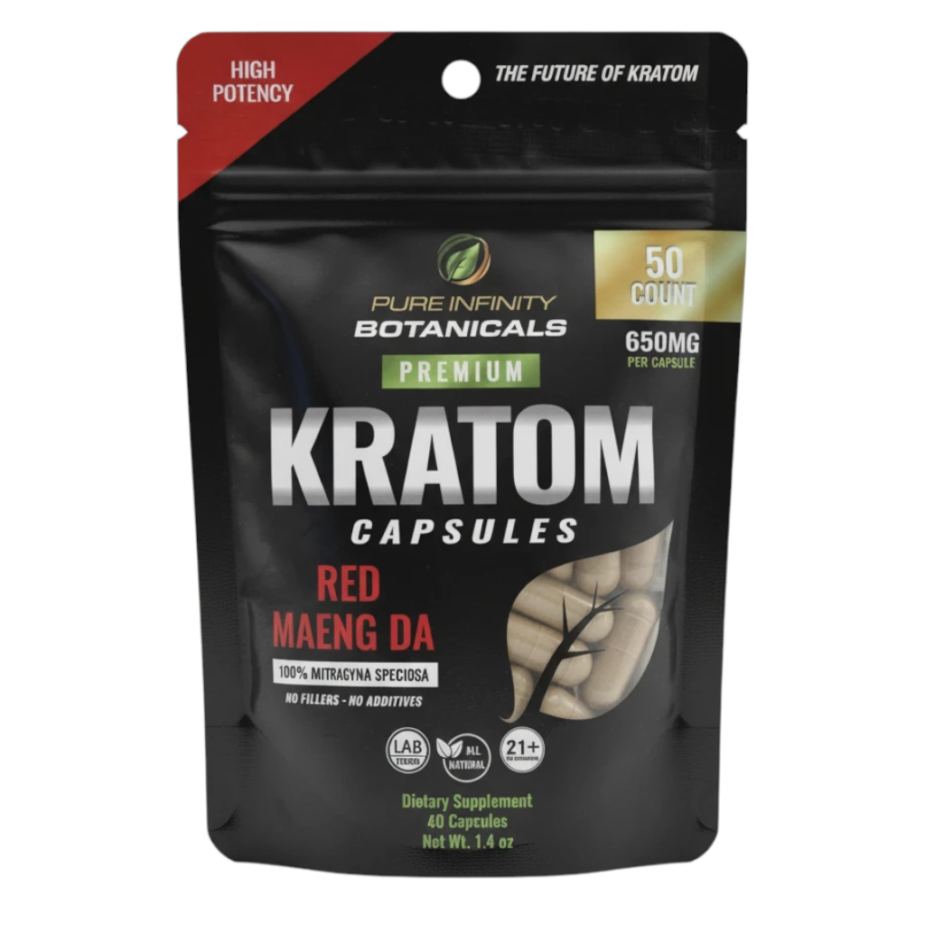 shopnathans.com Pure Infinity Botanicals Red Maeng Da Kratom capsules in a 50-count resealable pouch.
