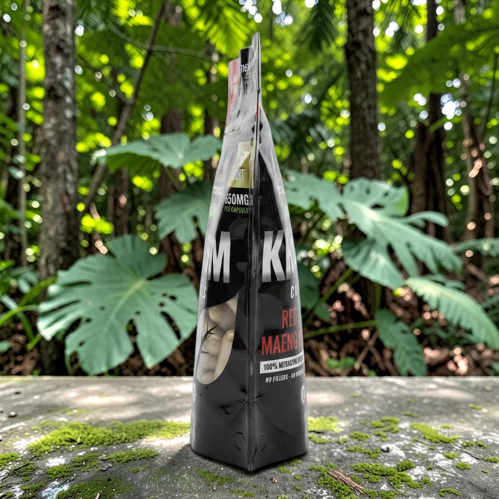 shopnathans.com Pure Infinity Botanicals Red Maeng Da Kratom capsules in a black resealable pouch on a stone surface
