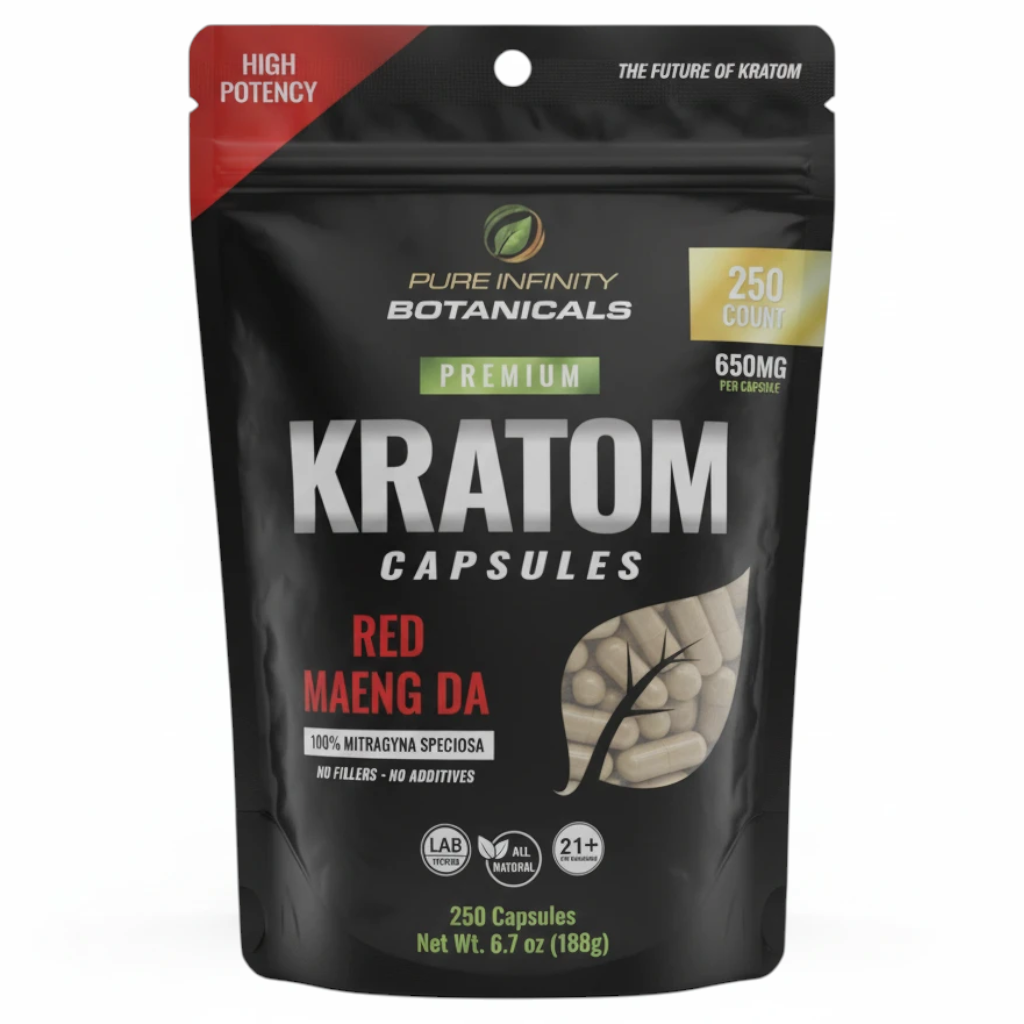 shopnathans.com Pure Infinity Botanicals Red Maeng Da Kratom capsules in a 250 count black stand-up pouch.