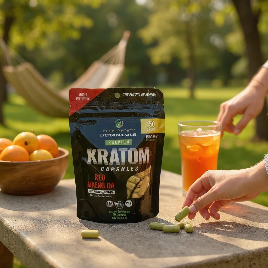 shopnathans.com Pure Infinity Botanicals Red Maeng Da Kratom capsules in a resealable pouch on a sunny outdoor table.