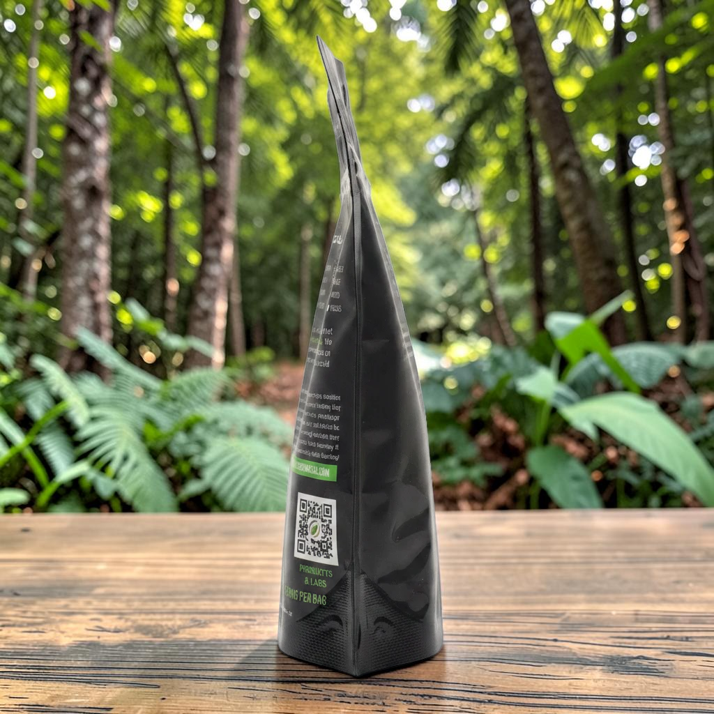shopnathans.com Pure Infinity Botanicals Red Maeng Da Kratom powder in a black resealable pouch on a wooden table.