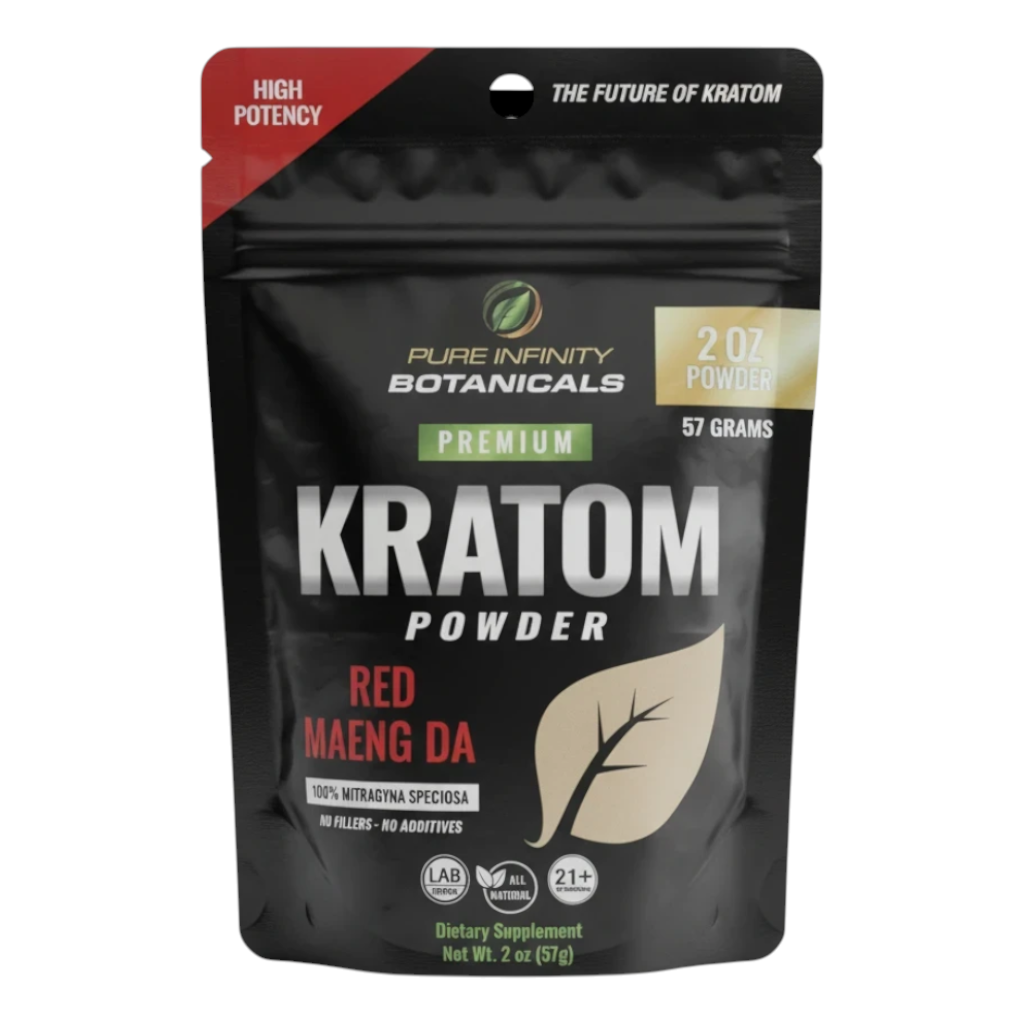 shopnathans.com Pure Infinity Botanicals Red Maeng Da Kratom powder in a 2oz resealable black pouch
