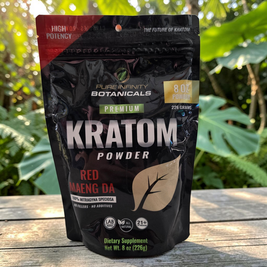 shopnathans.com Pure Infinity Botanicals Red Maeng Da Kratom powder in an 8oz resealable black pouch