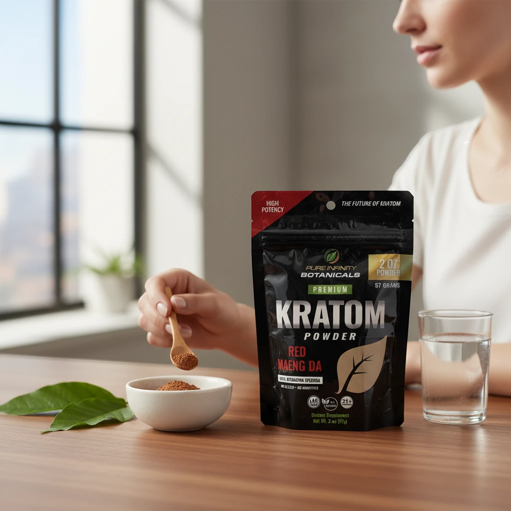 shopnathans.com Pure Infinity Botanicals Red Maeng Da Kratom powder in a resealable pouch with a wooden spoon