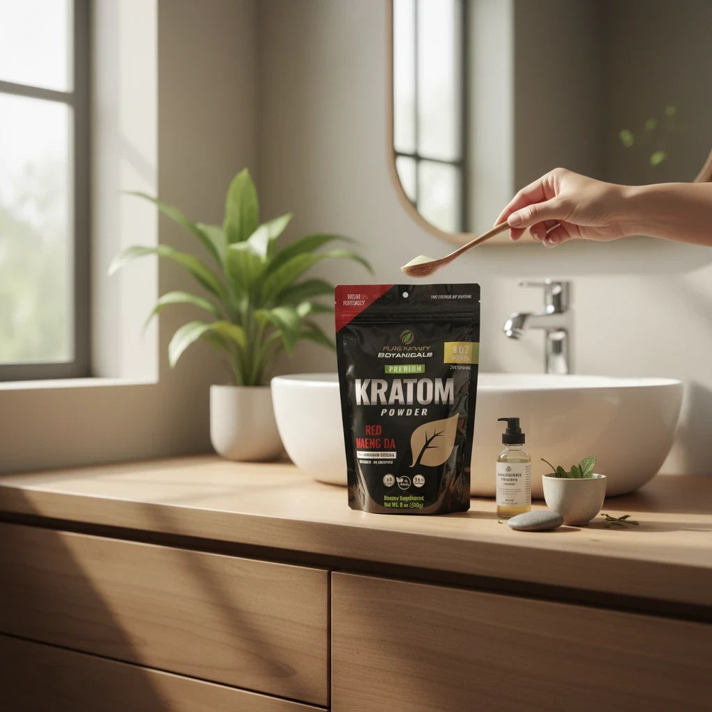 shopnathans.com Pure Infinity Botanicals Red Maeng Da Kratom powder in an 8oz resealable pouch on a wooden bathroom vanity