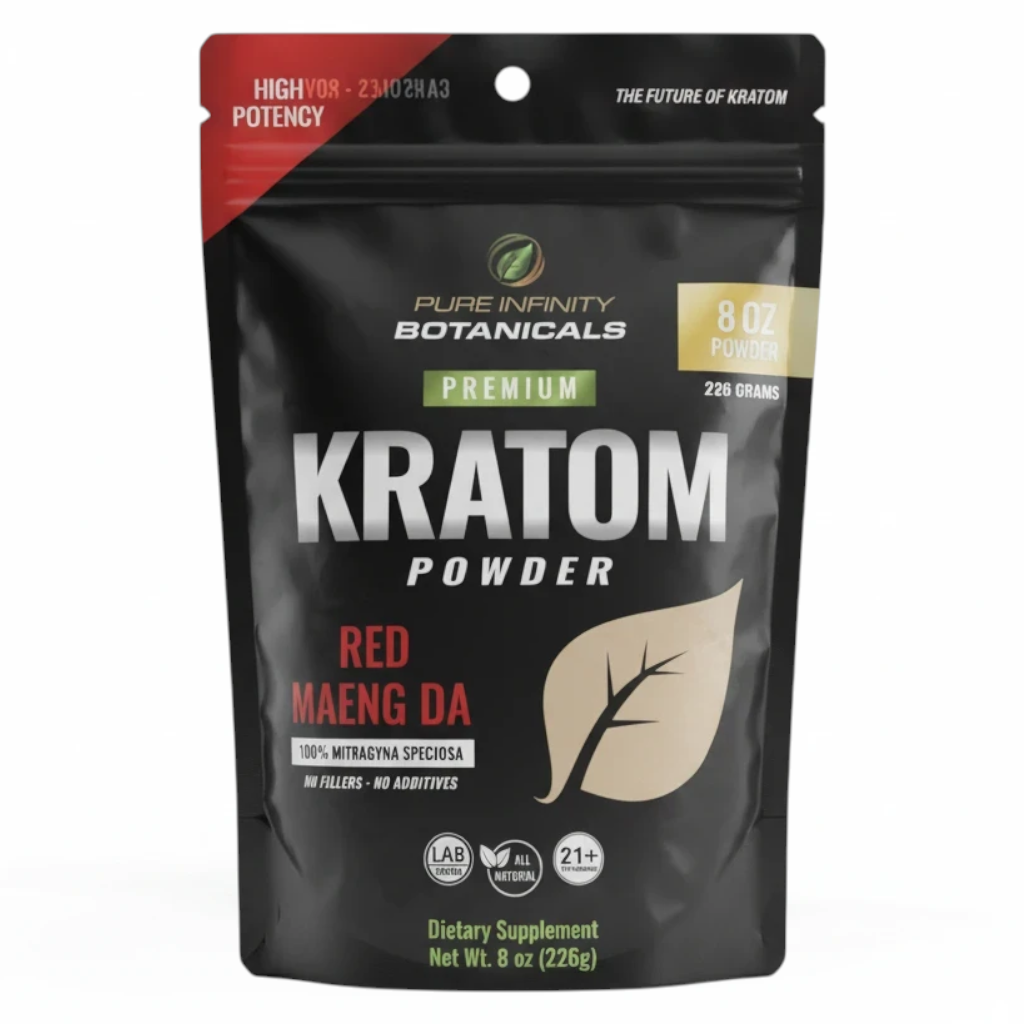 shopnathans.com Pure Infinity Botanicals Red Maeng Da Kratom powder in an 8oz resealable black pouch