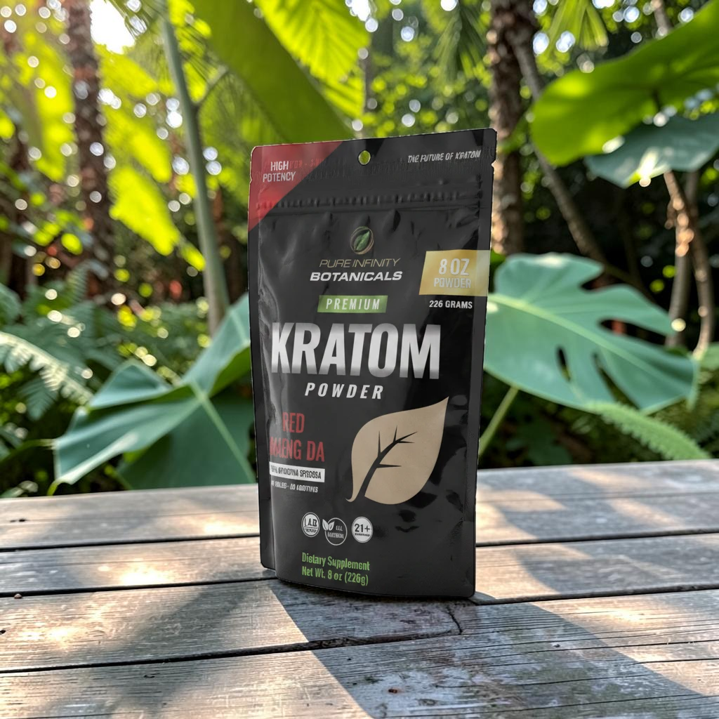 shopnathans.com Pure Infinity Botanicals Red Maeng Da Kratom powder in an 8oz resealable pouch on a wooden table.