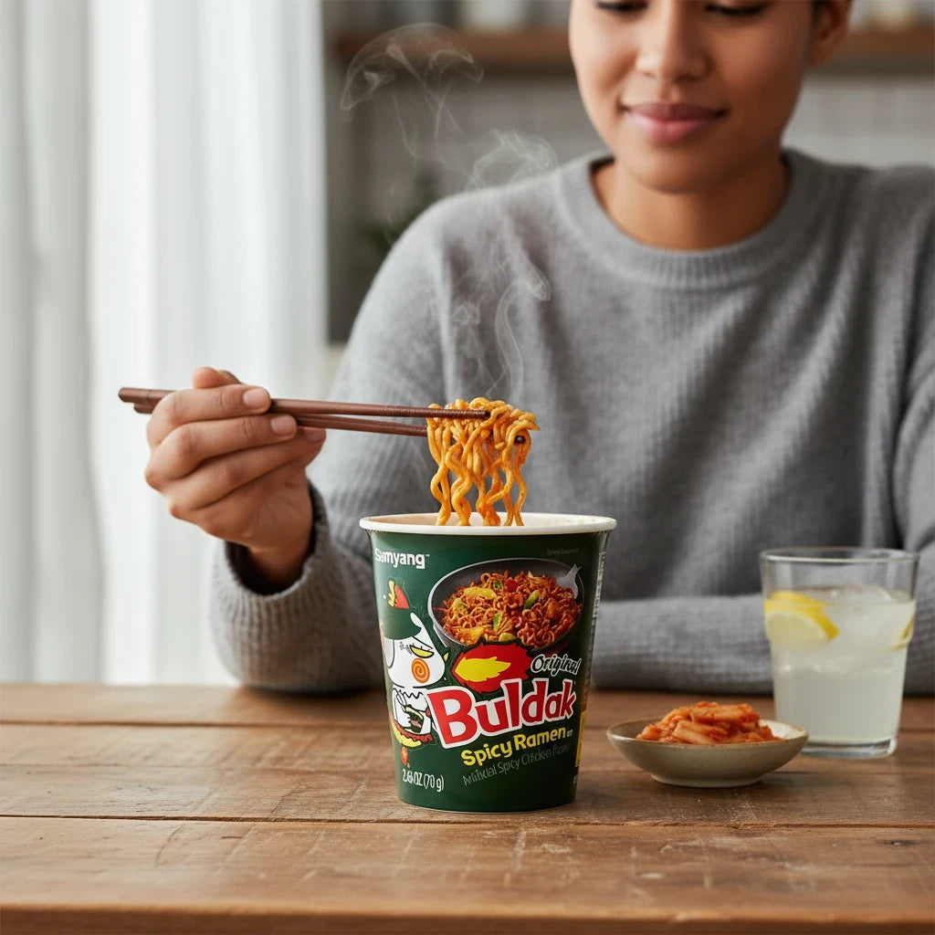 shopnathans.com Samyang Buldak Original Spicy Ramen cup with a woman eating steaming noodles with chopsticks