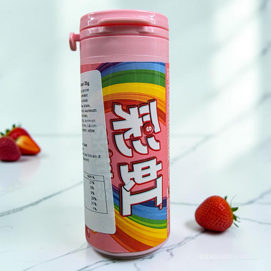 shopnathans.com Skittles Flowery Fruity flavor candy bottle with pink lid and rainbow label on a marble surface.