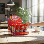 shopnathans.com Skittles fruit flavor candy bottles in a red display box on a wooden table with a hand reaching for one
