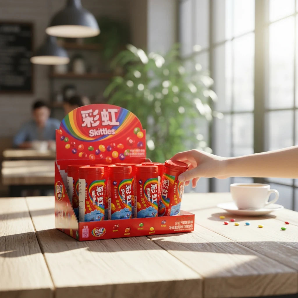 shopnathans.com Skittles fruit flavor candy bottles in a red display box on a wooden table with a hand reaching for one