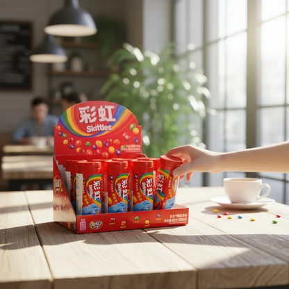 shopnathans.com Skittles fruit flavor candy bottles in a red display box on a wooden table with a hand reaching for one