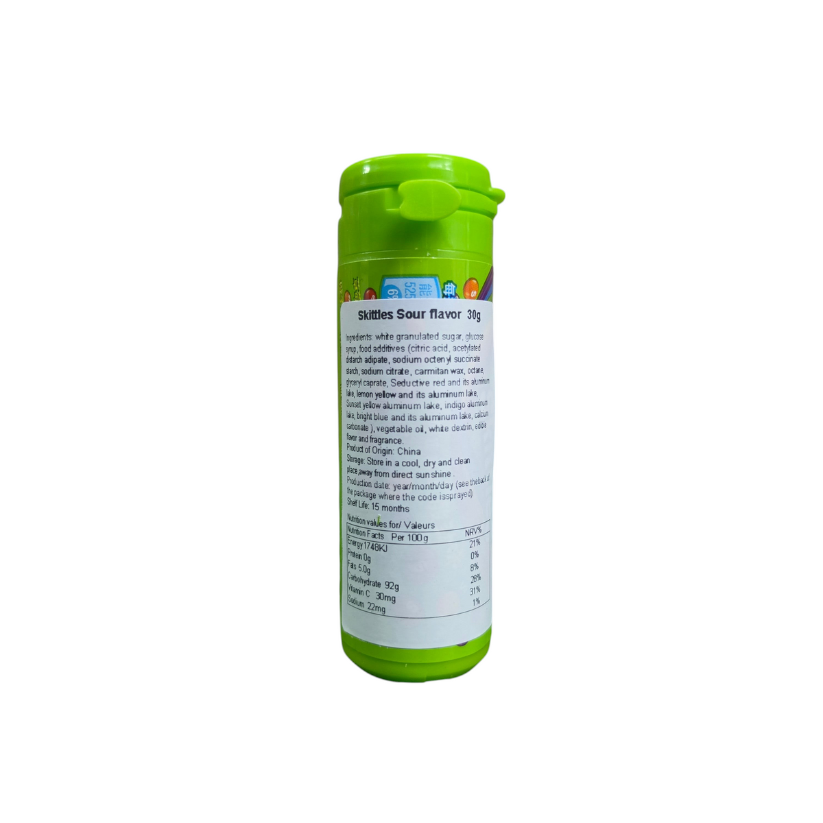 shopnathans.com Skittles Sour flavor 30g candy bottle with green flip-top lid showing nutritional information label