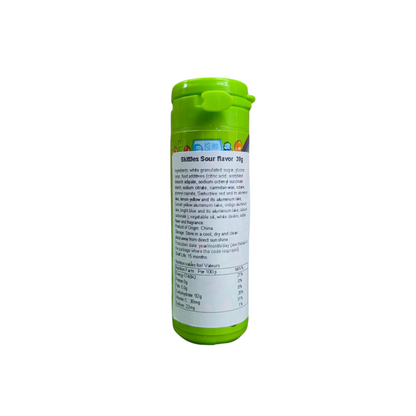 shopnathans.com Skittles Sour flavor 30g candy bottle with green flip-top lid showing nutritional information label