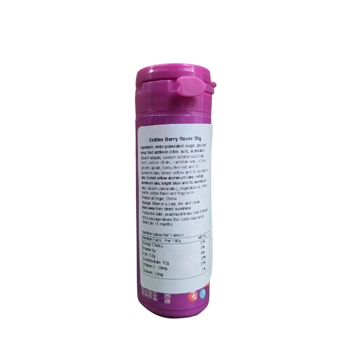 shopnathans.com Skittles Wild Berry 30g bottle showing nutrition facts and ingredients label on a white background
