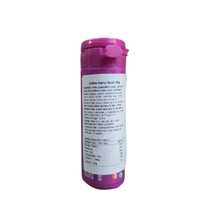 shopnathans.com Skittles Wild Berry 30g bottle showing nutrition facts and ingredients label on a white background