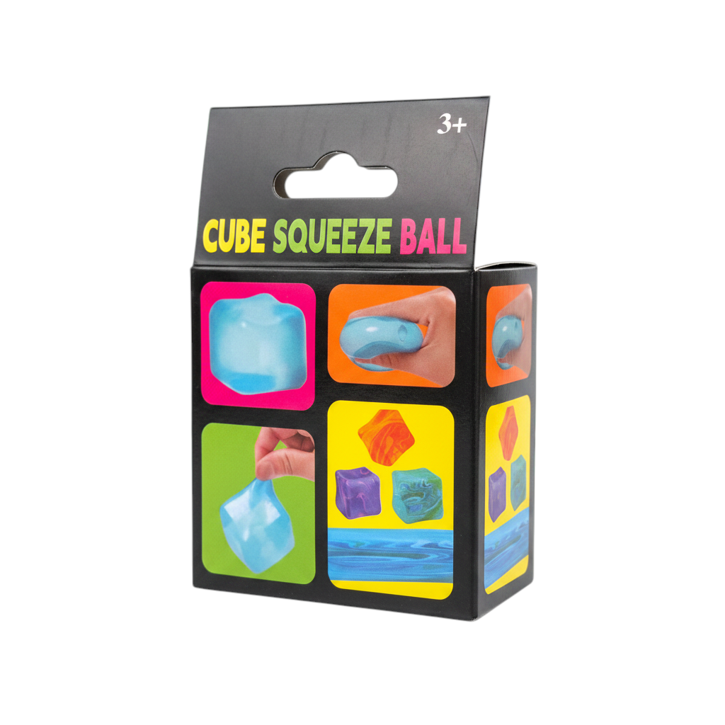 shopnathans.com Squishy Snowflake Cube sensory toy in packaging with colourful snowflake decorations