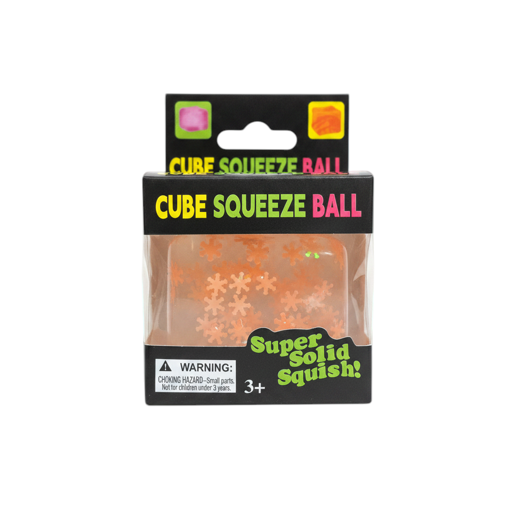 shopnathans.com Squishy Snowflake Cube sensory toy in orange packaging with festive snowflake decorations