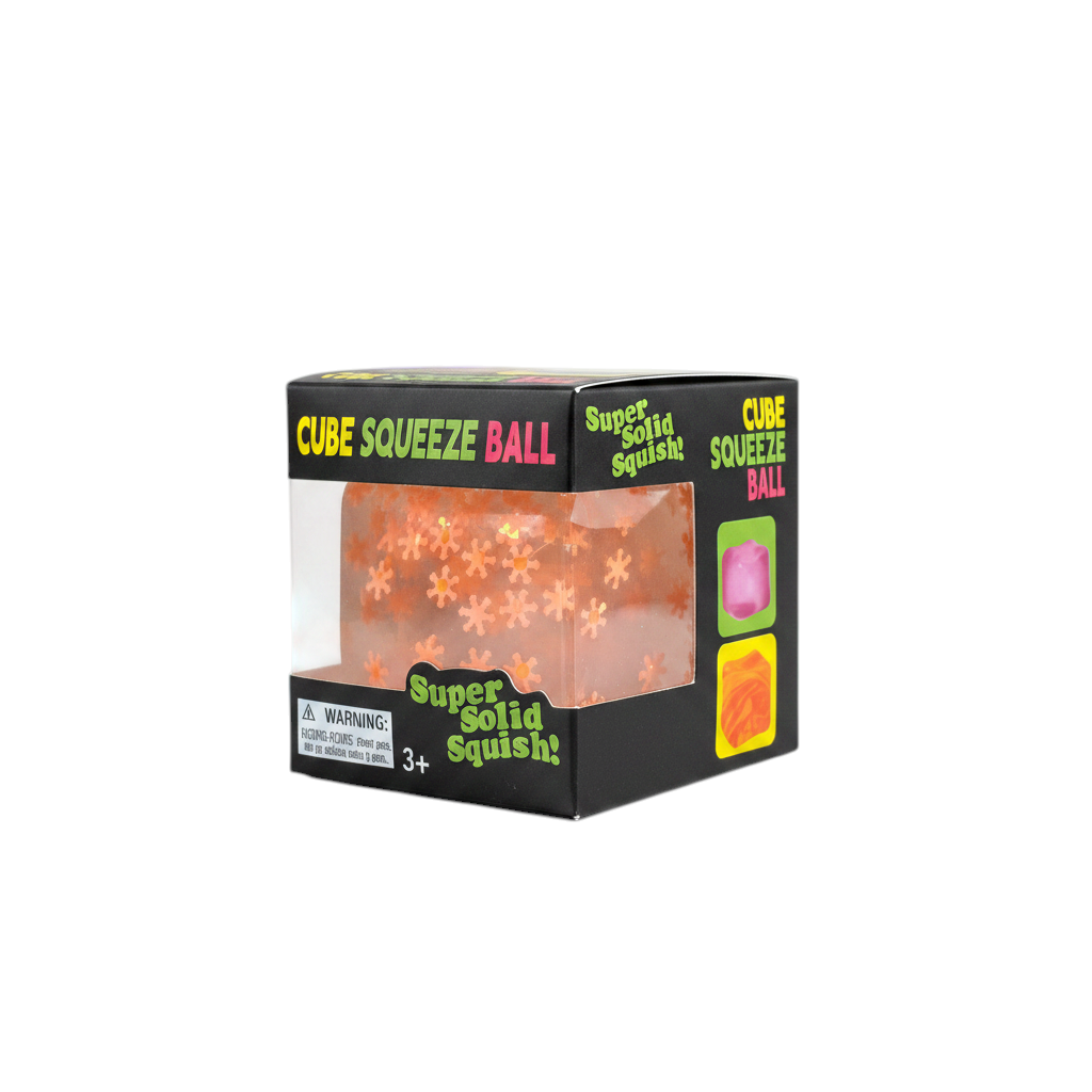 shopnathans.com squishy snowflake cube sensory toy in packaging with neon snowflake decorations in the background