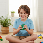 A young boy smiling while squeezing a green Sprite NeeDoh Nice Cube fidget toy from shopnathans.com