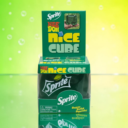 shopnathans.com Sprite NeeDoh Nice Cube squishy fidget toy in its green branded display box against a bubbly background