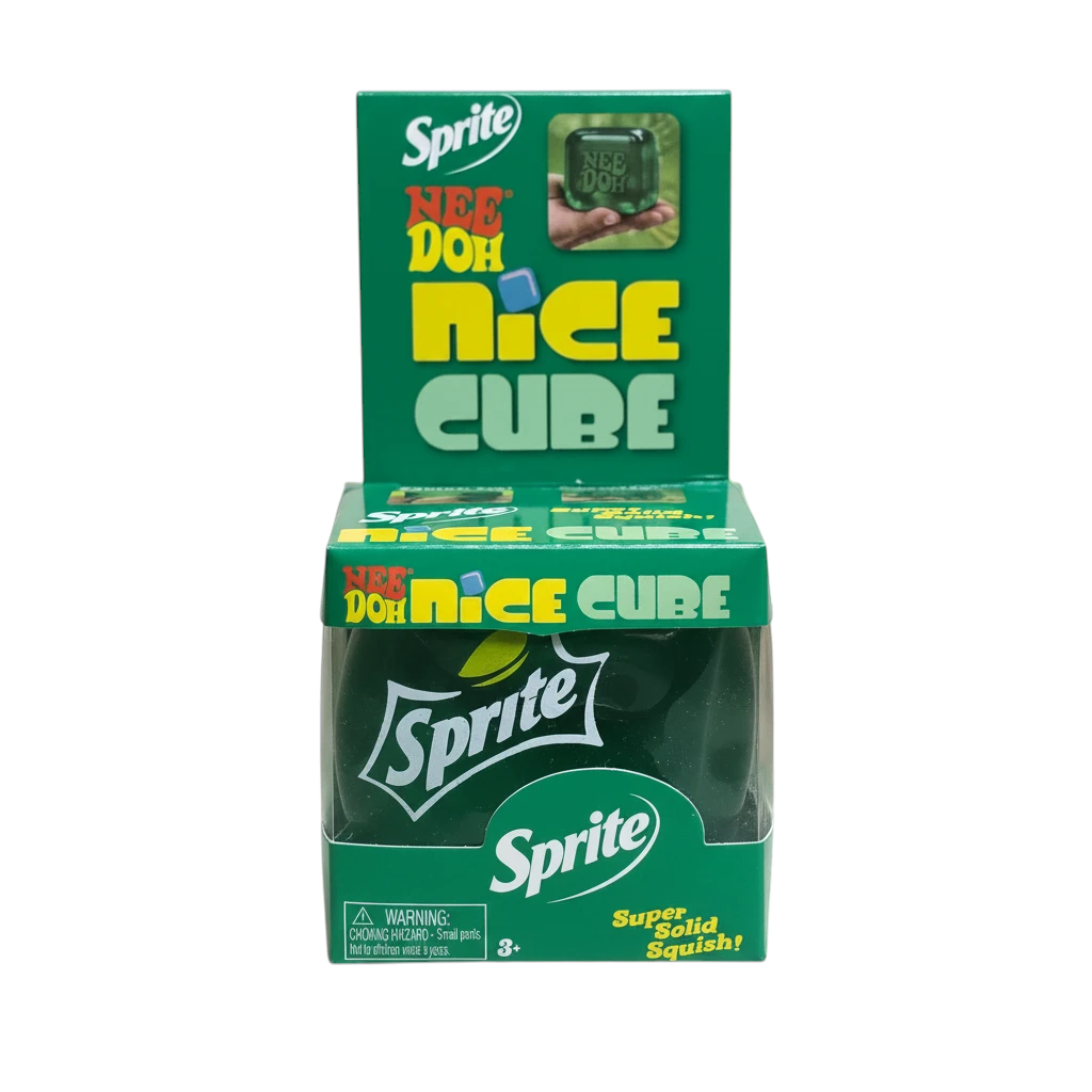 shopnathans.com Sprite NeeDoh Nice Cube squishy fidget toy in its green branded display box against a bubbly background