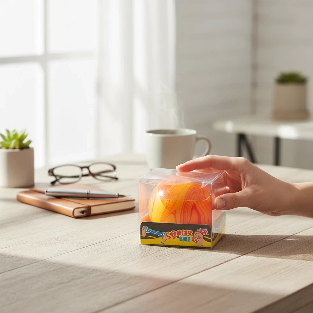 shopnathans.com Squishy Swirl Cube stress toy in orange and red marbled design inside clear packaging on a desk