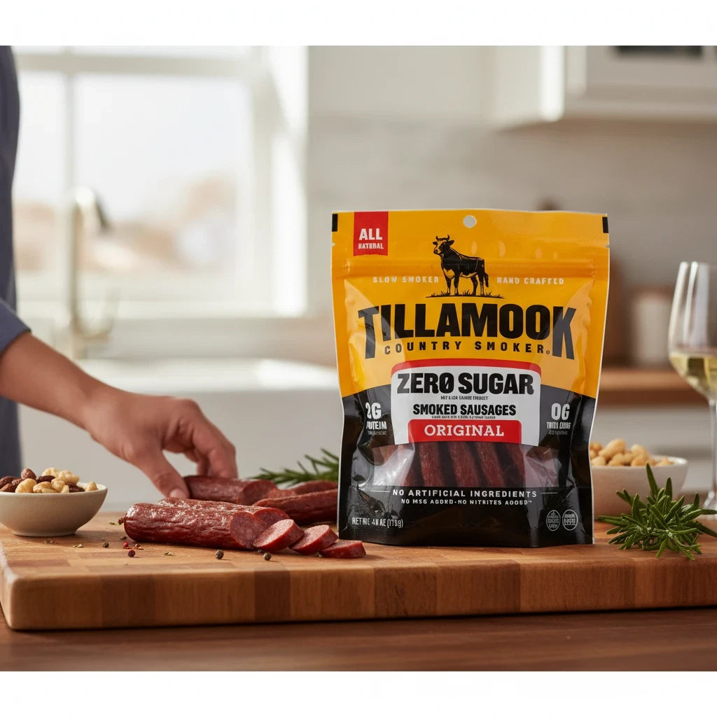 shopnathans.com Tillamook Zero Sugar Original smoked sausage sticks in a 4oz bag on a wooden cutting board