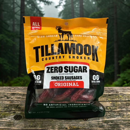 shopnathans.com Tillamook Zero Sugar Original Smoked Sausage Sticks in a 4oz bag, a keto-friendly meat snack.