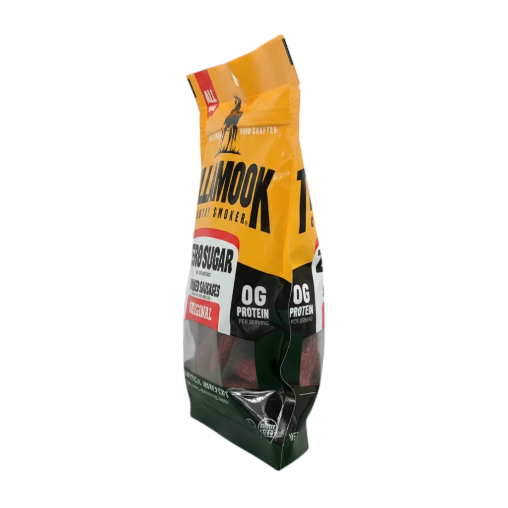 shopnathans.com Tillamook Zero Sugar Original Smoked Sausage Sticks in a 4oz orange and black snack bag