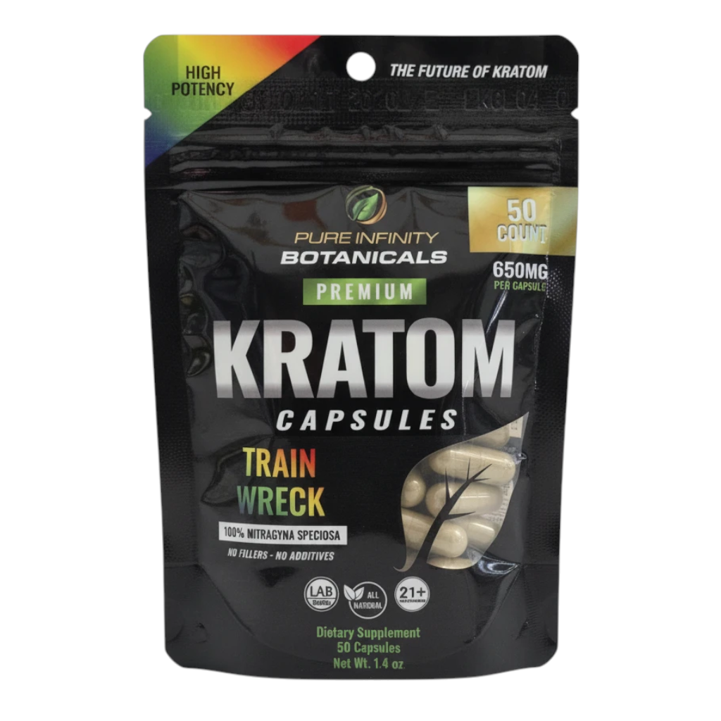 shopnathans.com Pure Infinity Botanicals Trainwreck Kratom capsules in a 50ct resealable black pouch.