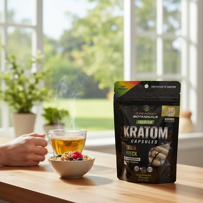 shopnathans.com Pure Infinity Botanicals Trainwreck Kratom capsules in a resealable bag on a sunny kitchen table.