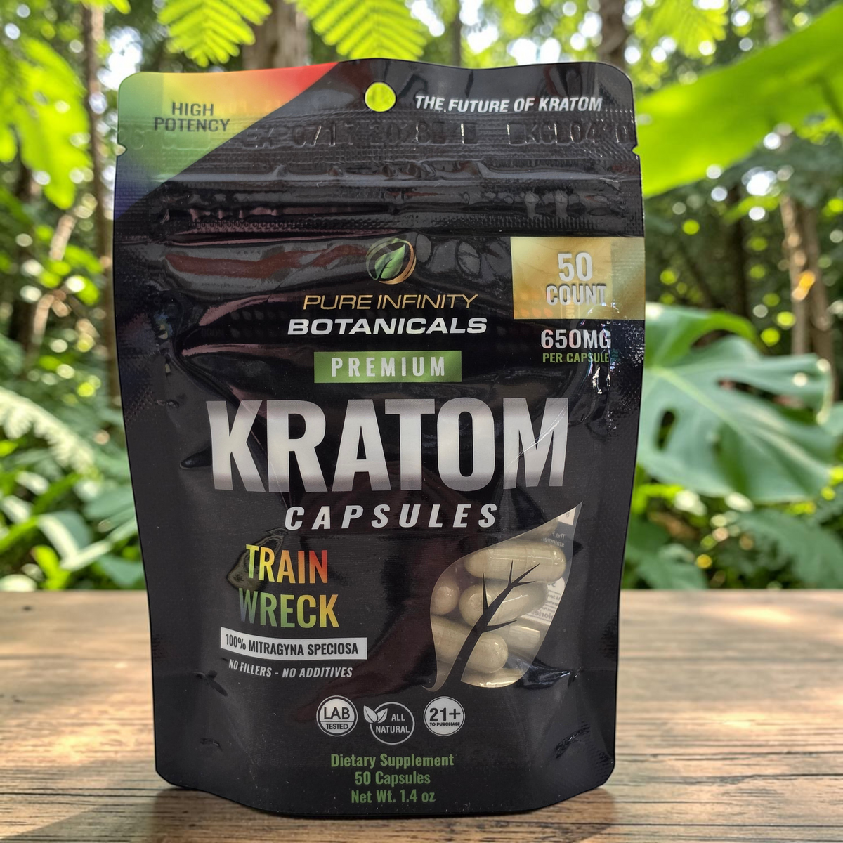 shopnathans.com Pure Infinity Botanicals Trainwreck Kratom capsules in a 50-count resealable black pouch.
