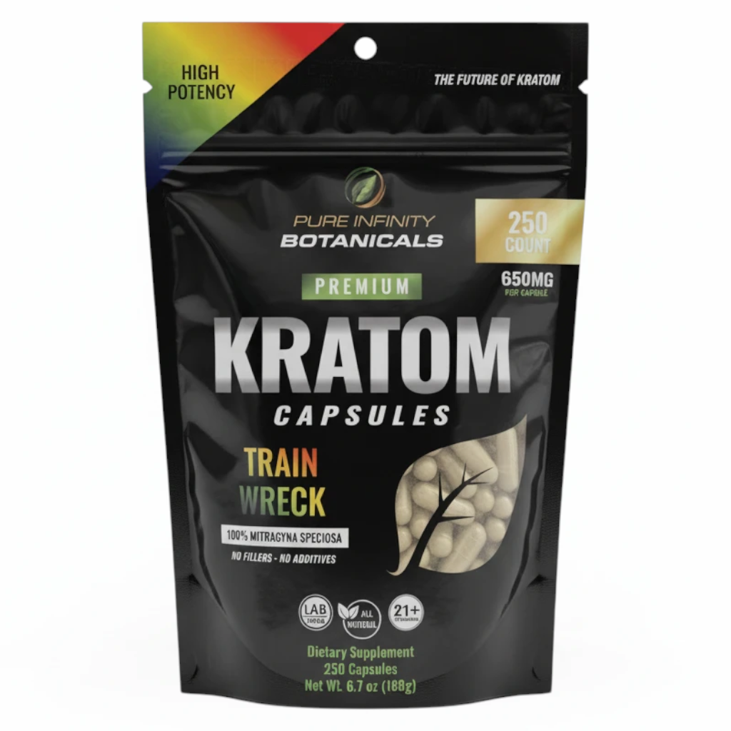 shopnathans.com Pure Infinity Botanicals Trainwreck Kratom capsules in a 250 count black stand-up pouch.