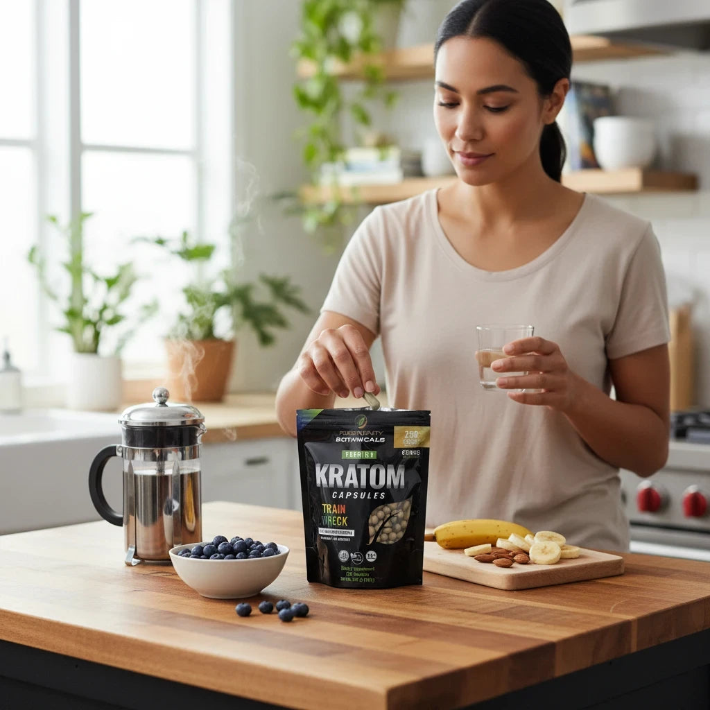 A woman at a kitchen counter taking a shopnathans.com Pure Infinity Botanicals Trainwreck Kratom capsule with water.