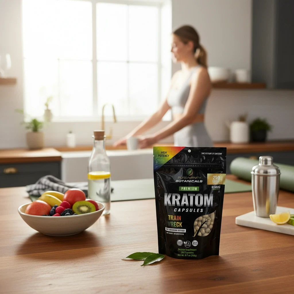 shopnathans.com Pure Infinity Botanicals Trainwreck Kratom capsules in a 250ct pouch on a kitchen counter.