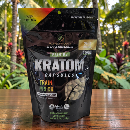 shopnathans.com Pure Infinity Botanicals Trainwreck Kratom capsules in a 250 count black stand-up pouch