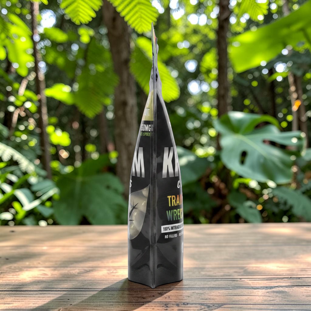 shopnathans.com Pure Infinity Botanicals Trainwreck Kratom capsules in a black resealable bag on a wooden table.