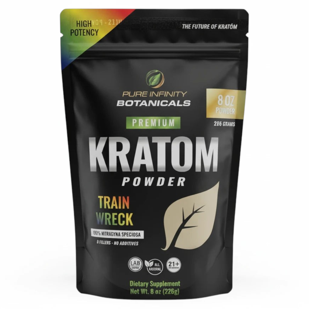shopnathans.com Pure Infinity Botanicals Trainwreck Kratom powder in a black 8oz resealable pouch.