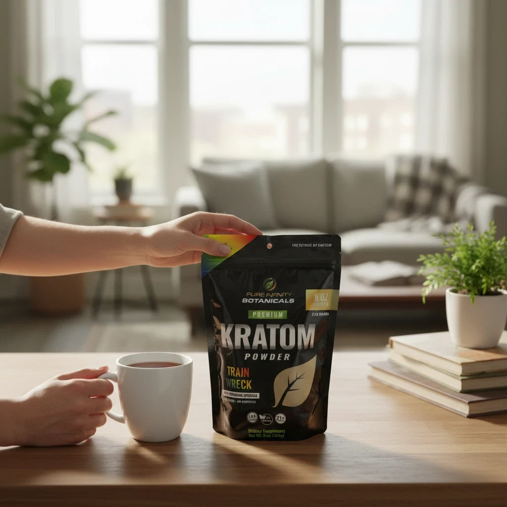 shopnathans.com Pure Infinity Botanicals Trainwreck Kratom powder in a resealable 8oz pouch held on a wooden table