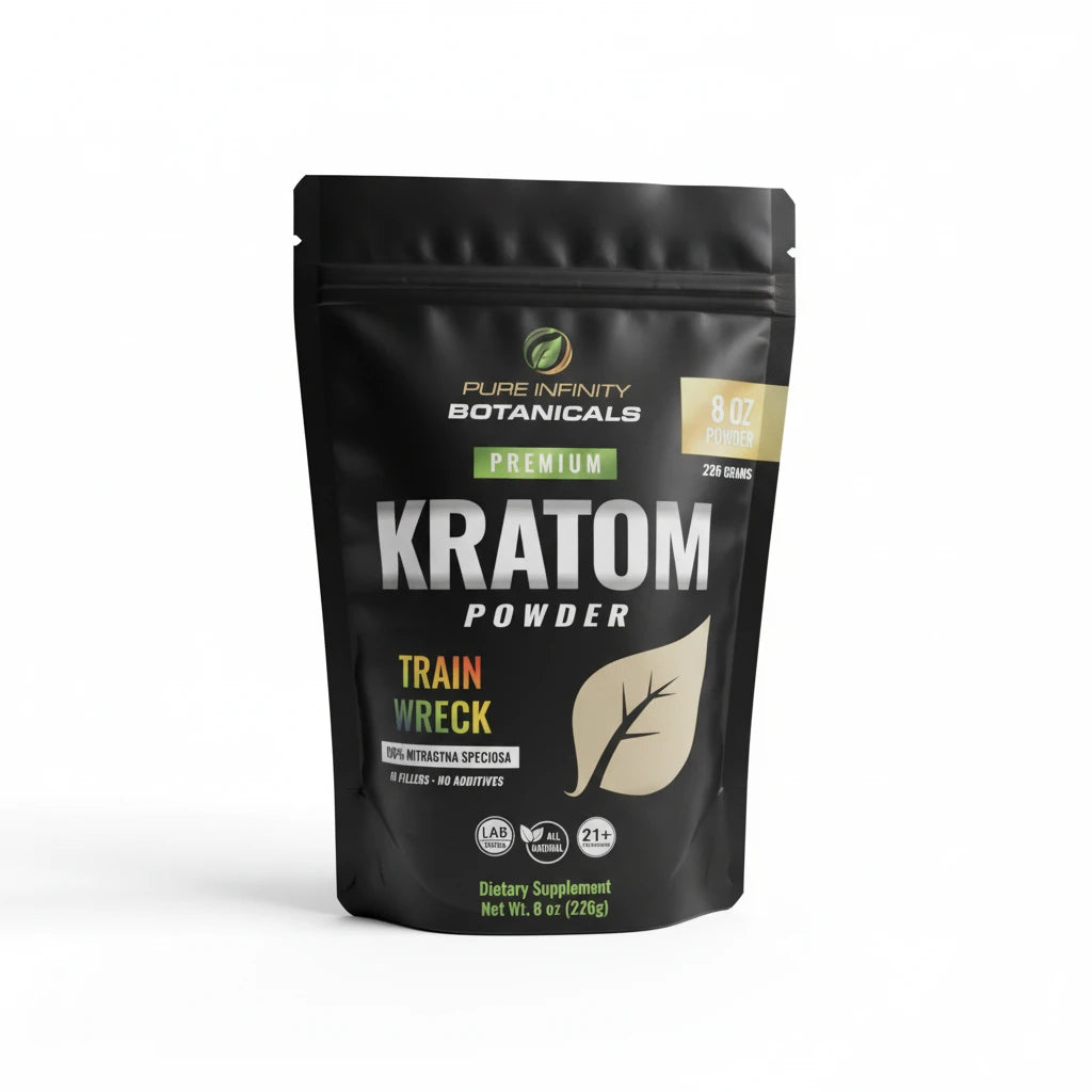 shopnathans.com Pure Infinity Botanicals Trainwreck Kratom powder in an 8oz resealable black pouch