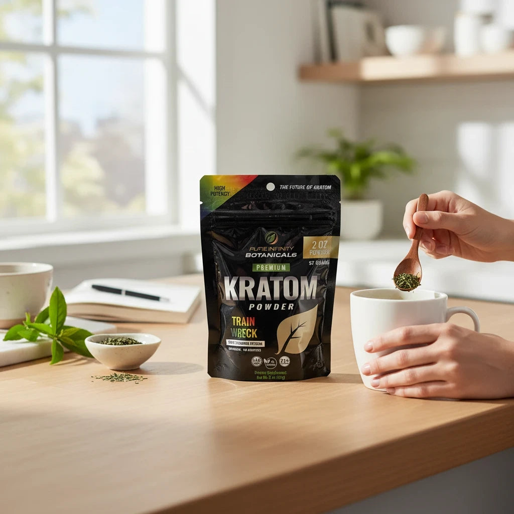 shopnathans.com Pure Infinity Botanicals Trainwreck Kratom powder in a 2oz resealable bag on a kitchen table.