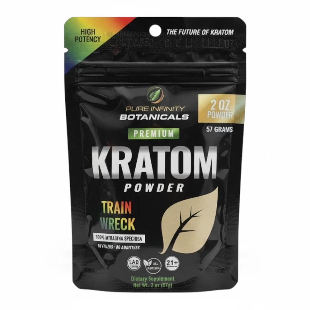 shopnathans.com Pure Infinity Botanicals Trainwreck Kratom powder in a 2oz resealable black pouch.