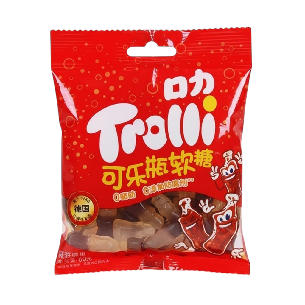 shopnathans.com Trolli cola-flavored gummy candies in a red 60g bag with bottle-shaped treats