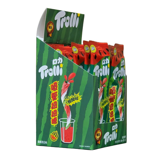 shopnathans.com Trolli Twisty Candy Straws in watermelon flavor, displayed in a green branded retail box.