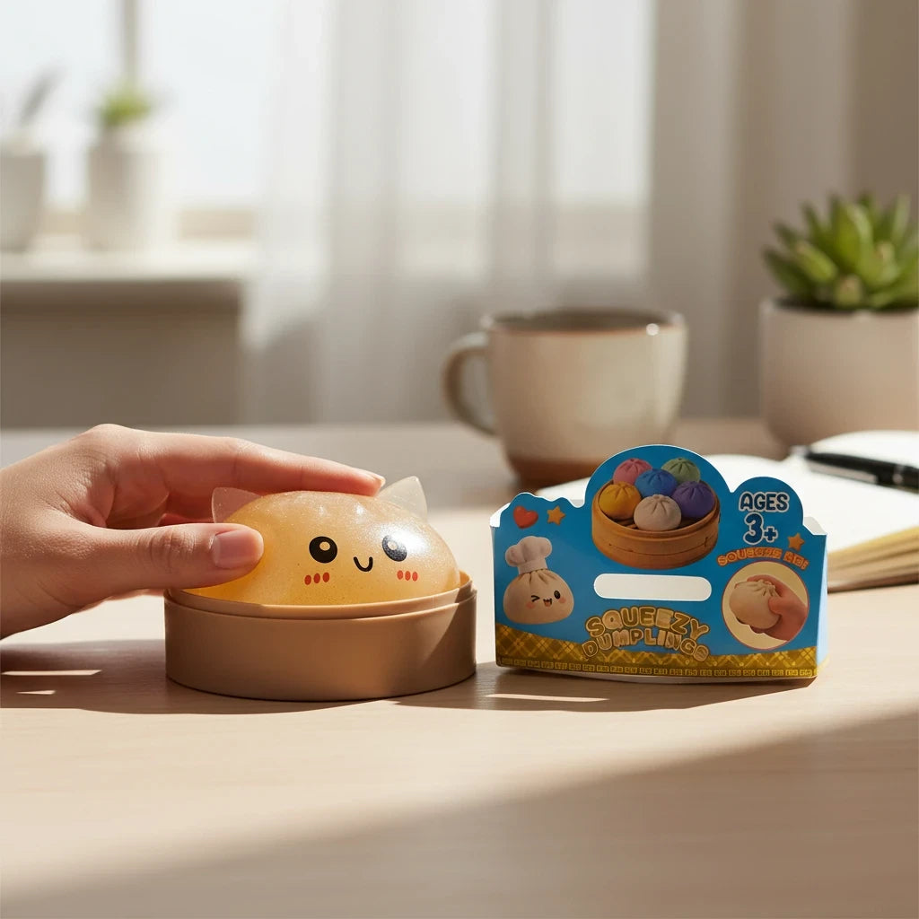 shopnathans.com Dumplings Unicorn Squishy toy being pressed on a wooden desk with its packaging box nearby