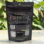 Back of shopnathans.com Pure Infinity Botanicals White Maeng Da Kratom capsule pouch with supplement facts and info