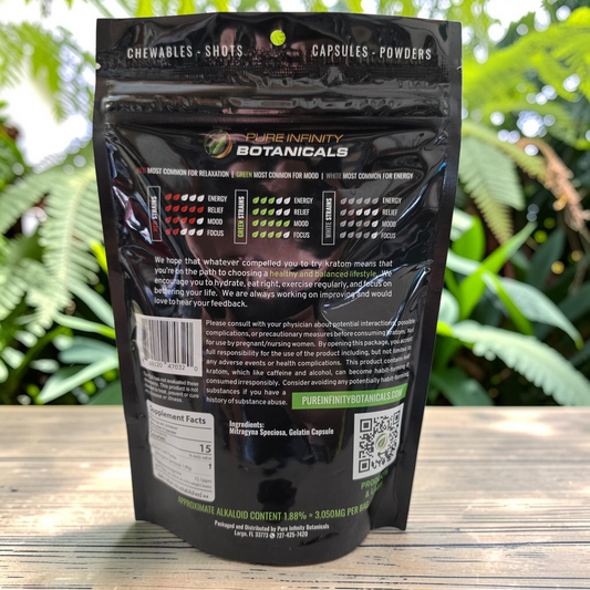 Back of shopnathans.com Pure Infinity Botanicals White Maeng Da Kratom capsules pouch with strain information