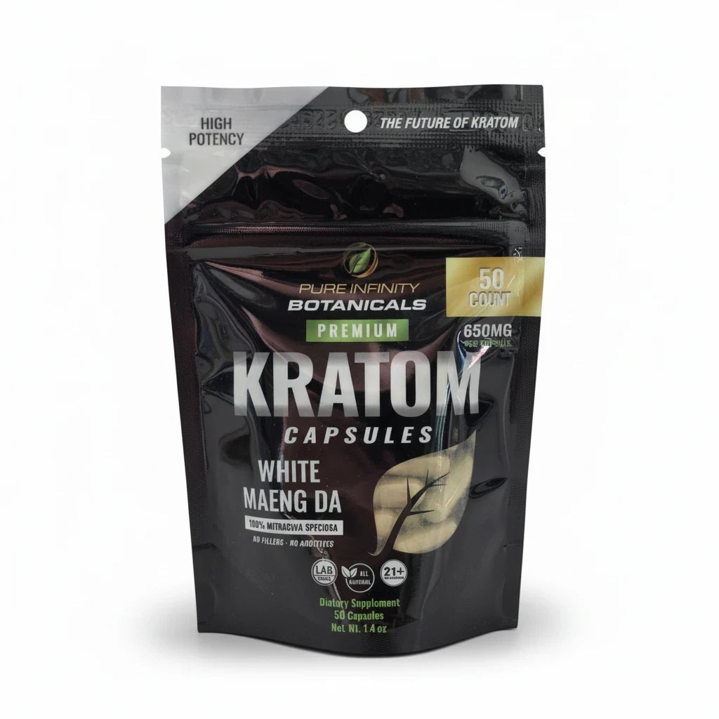 shopnathans.com Pure Infinity Botanicals White Maeng Da Kratom capsules in a 50-count black resealable pouch.